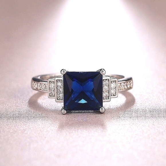 Princess Cut 925 Blue Sapphire Solitaire Ring - Picture 1 of 11